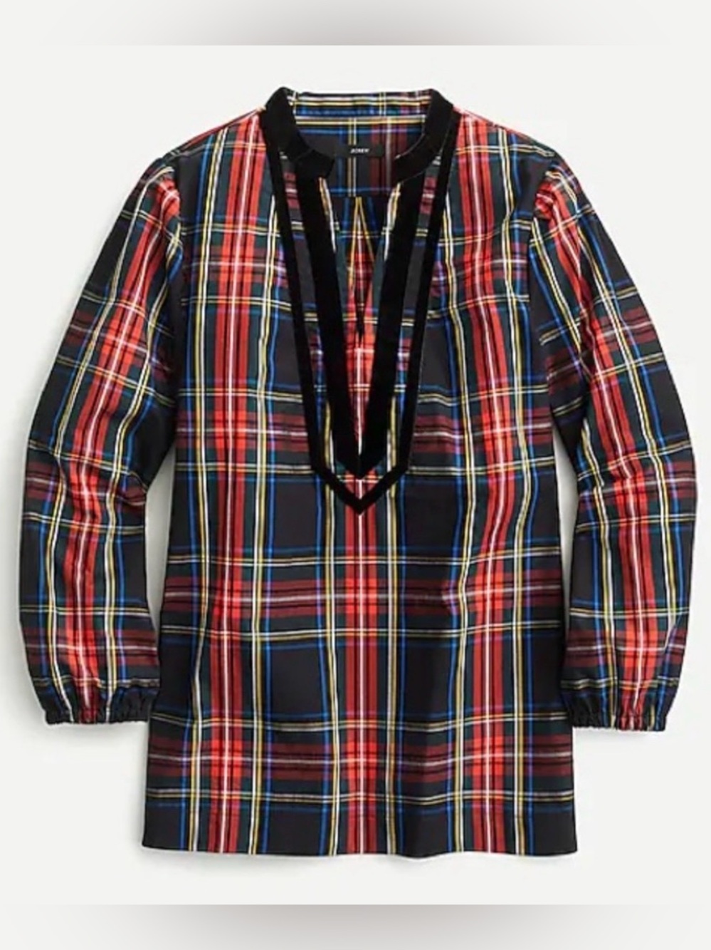 J Crew Velvet-Trimmed V-neck Tunic in Black Stewart Tartan, Size XS, NWT